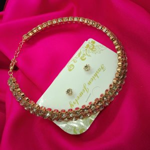 "HashtagAllin three-line stone choker necklace set in gold, perfect for bridal wear."