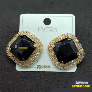 "Black Zircon Stone Earrings with Gold Square Design for Women"