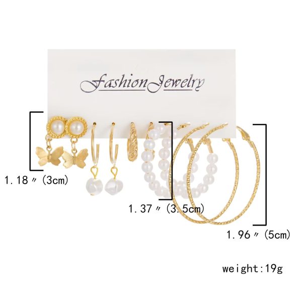 6 Pairs Heart Butterfly Drop Earrings Set with Imitation Pearl Hoops for Women