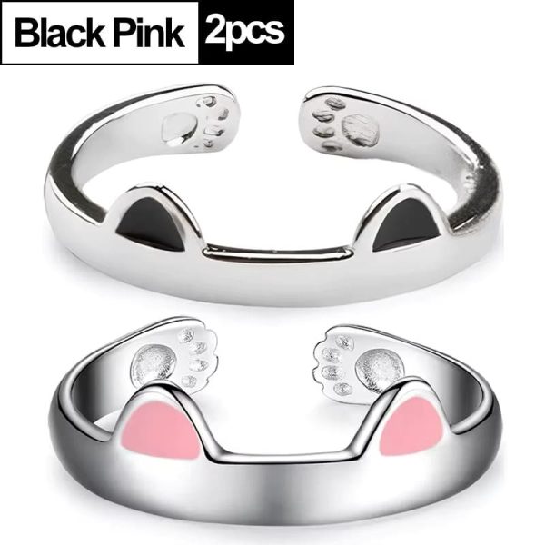 Cartoon kitten rings for couples, available in black and pink color options.