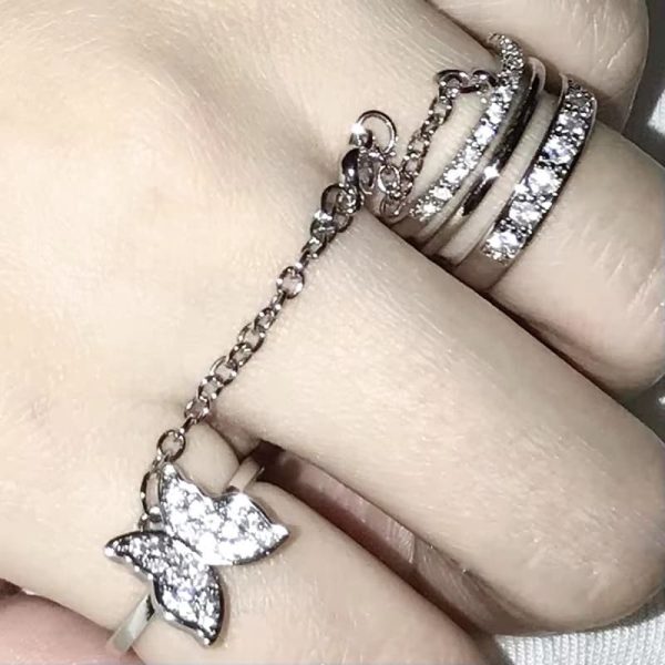 HashtagAllin silver butterfly tassel ring with geometric chain for women and girls"