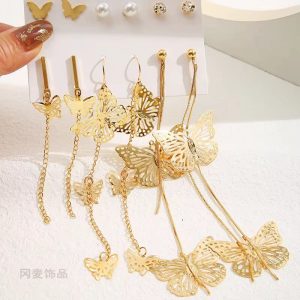 Korean Fashion Butterfly Drop Earrings Set with Star Heart Round Hoop Design